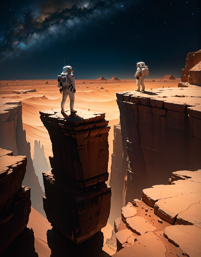 Create a painting of an astronaut standing at the edge of a canyon on Mars, gazing across to the other side, under the serene night sky