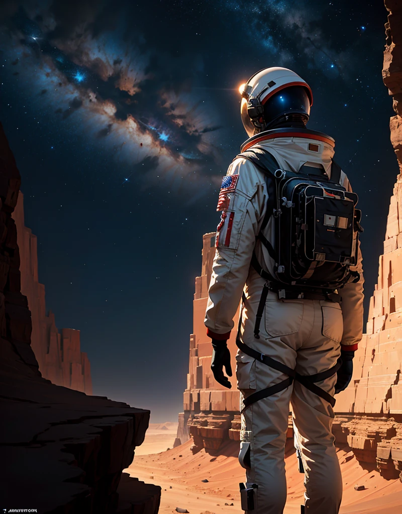 Create a painting of an astronaut standing at the edge of a canyon on Mars, gazing across to the other side, under the serene night sky