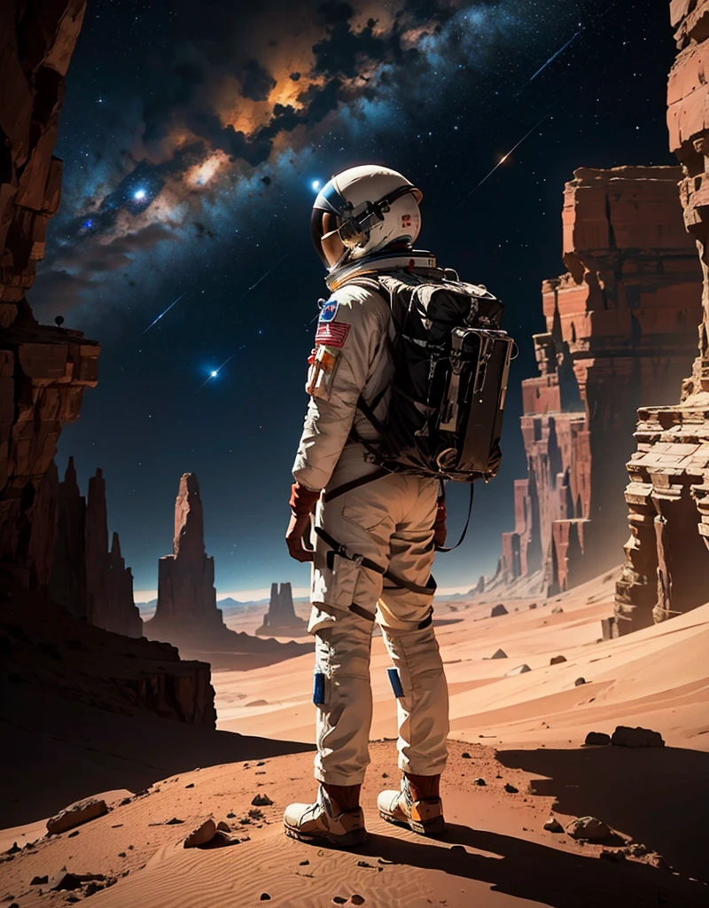Create a painting of an astronaut standing at the edge of a canyon on Mars, gazing across to the other side, under the serene night sky