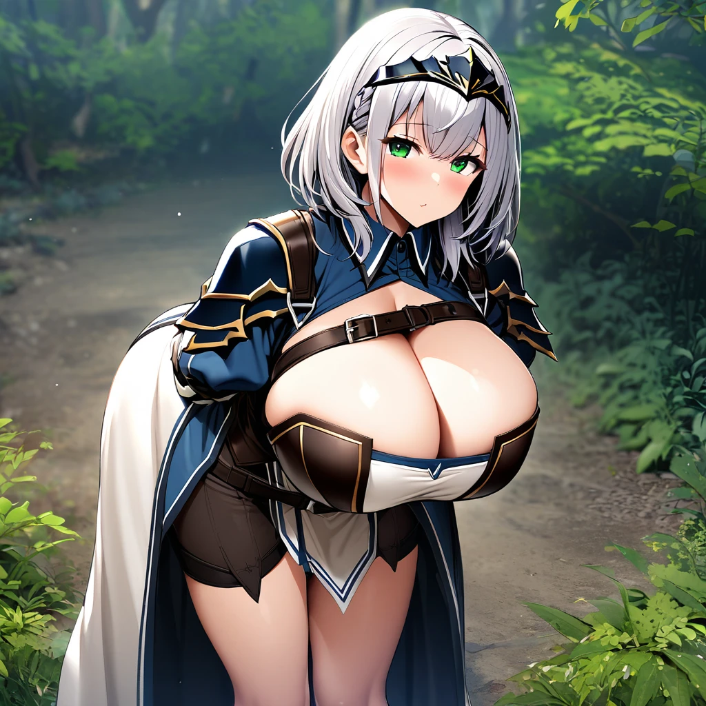 shirogane noel,1girl,solo,shirogane noel costumes,super huge breasts,looking at viewer,near,Bending forward posture,the front,in the forest