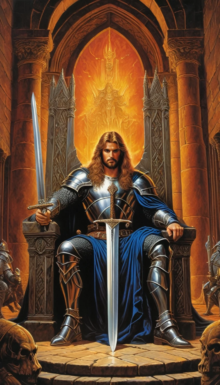 Highly detailed, UHD, 8k, medieval fantasy, 80's heavy metal album cover style, Clyde Caldwell style, Jeff Easley style, Larry Elmore style, heavy metal magazine cover, oil painting. Full body image of A hero with a mithril sword in a throne room