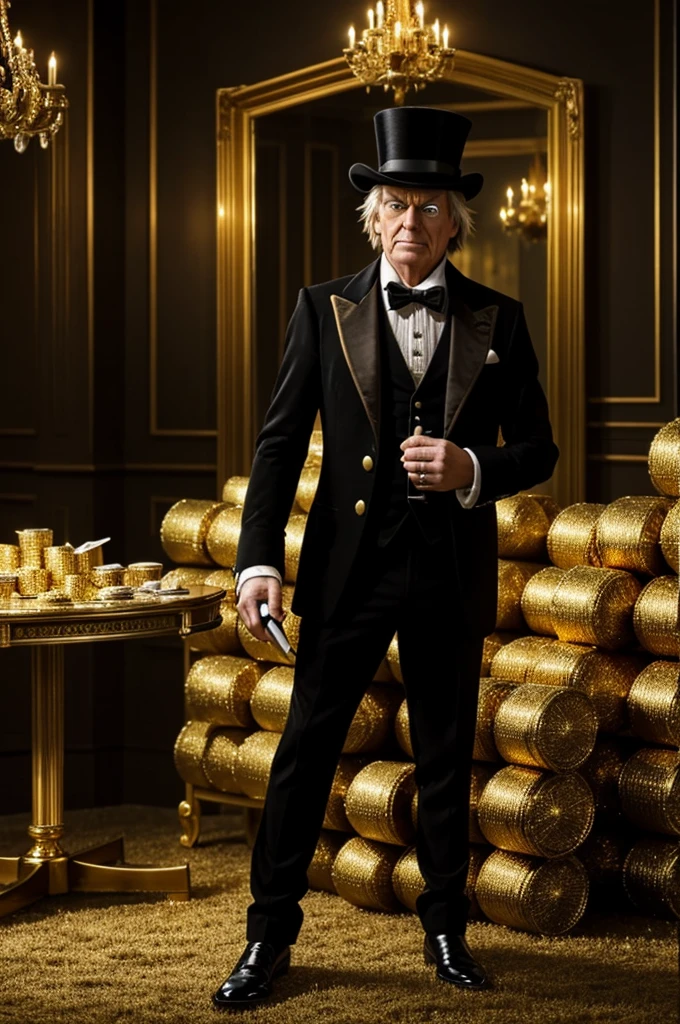 You can create Scrooge McDuck who is, stand dominantly dressed in very elegant black suit, shiny gold watch, bales of money on a back table, a gun in his hand and a slight smile on his face