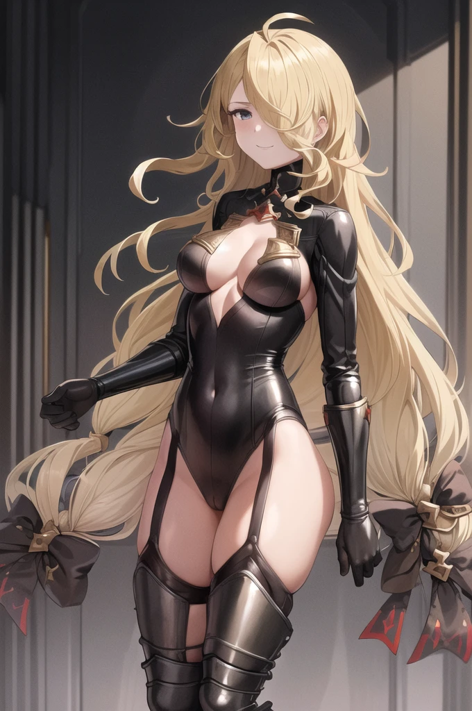 masterpiece, best quality, absurdres, perfect anatomy, 1girl, solo, PredatorGB, long hair, hair over one eye, ahoge, thighhighs, cleavage, leotard, black bow, garter straps, armored boots, standing, smile, hold sword and nude