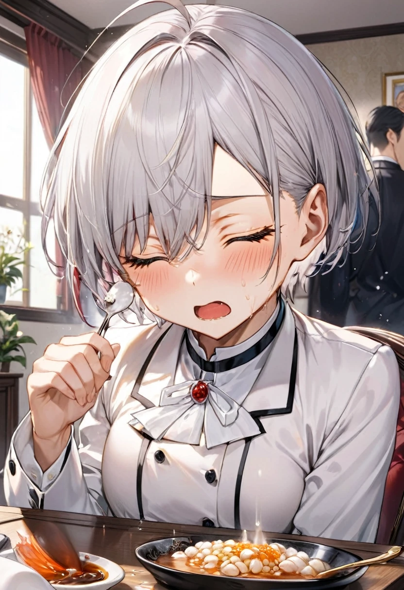 (eating style) (solo:2, 16 yo crew cut silver hair very short hair divine fighter boy, Agony closed eyes, agony face, sweaty skin, flat chest), (in a butler suit), break, in the livingroom, Natto on the table, BREAK, perfect anatomy, masterpiece, best quality, 16k, beautiful detailed grow, daydreaming expression.