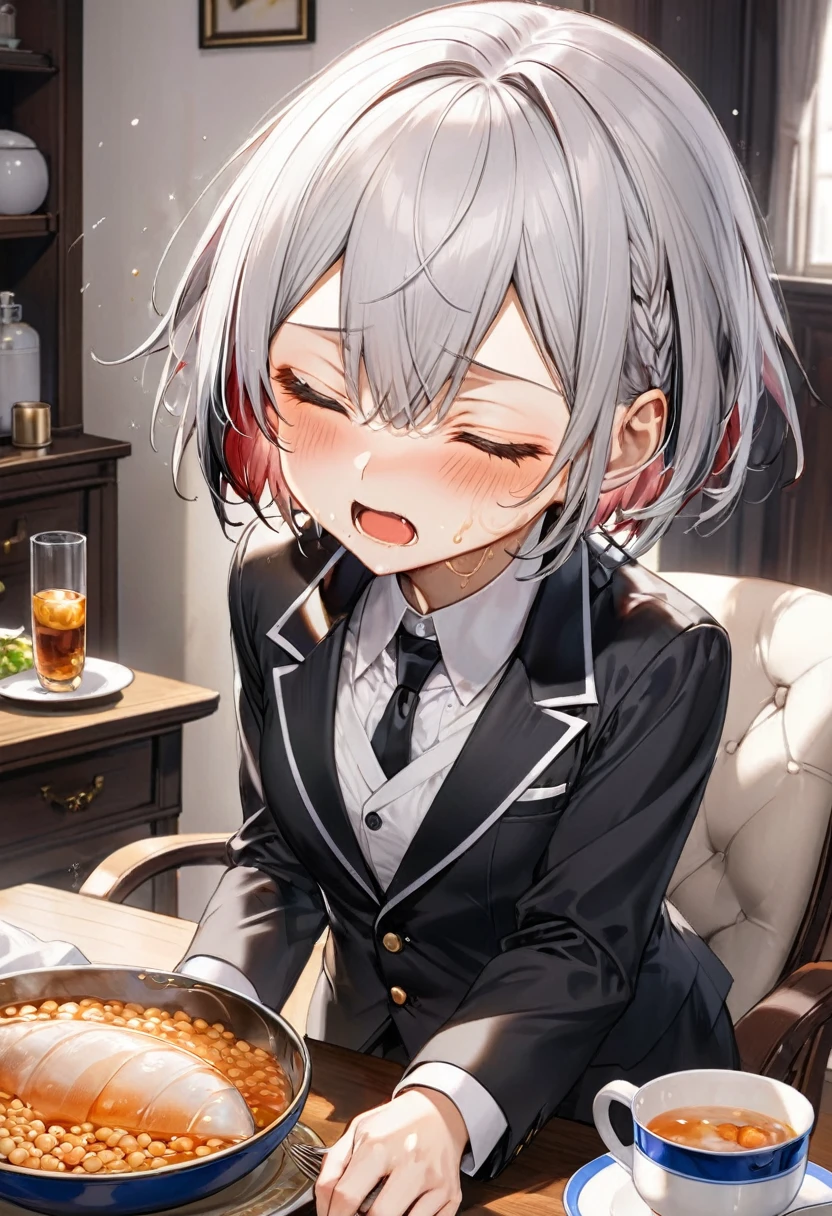 (eating style) (solo:2, 16 yo crew cut silver hair very short hair divine fighter boy, Agony closed eyes, agony face, sweaty skin, flat chest), (in a butler suit), break, in the livingroom, Natto on the table, BREAK, perfect anatomy, masterpiece, best quality, 16k, beautiful detailed grow, daydreaming expression.