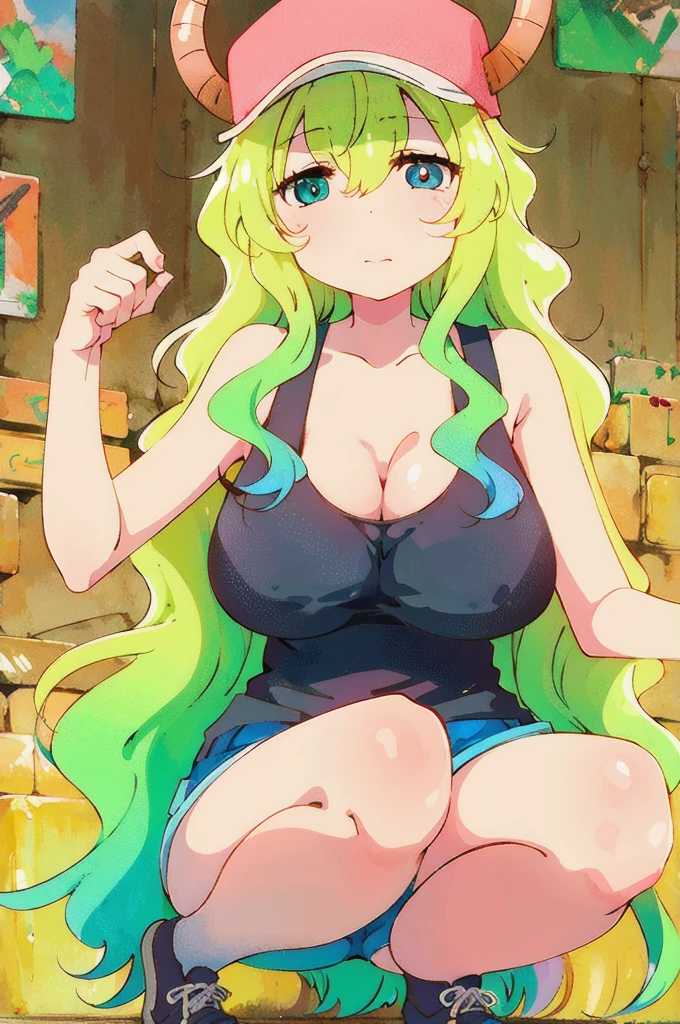 masterpiece, best quality,girl ,squatting,  
 lucoa_quetzalcoatl, multicolored hair, (heterochromia:1.2), (blue eyes:1.1), dragon horns, dragon girl, large breasts, multicolored hair, blonde hair, hat, cleavage,short shorts, tank top, denim, baseball cap