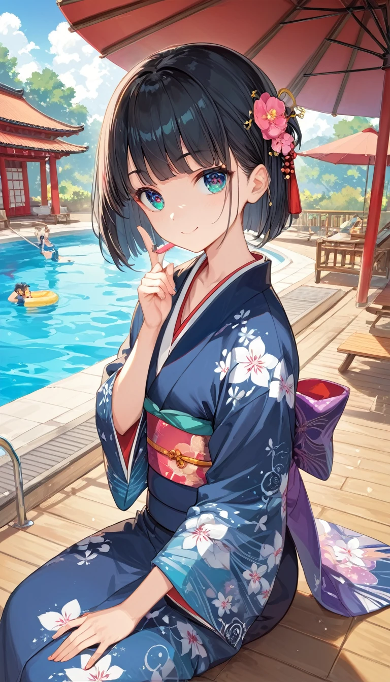 score_9, score_8_up, score_7_up,source_anime, high res image,masterpiece,best quality,girl,cute face,clear skin,shiny hair,ultra detailed eyes，Black Hair、Short Bob、Japan、(kimono、Gorgeous)、Japan庭園、Japanese style、Pool、Fantastic Light、Depict the whole body