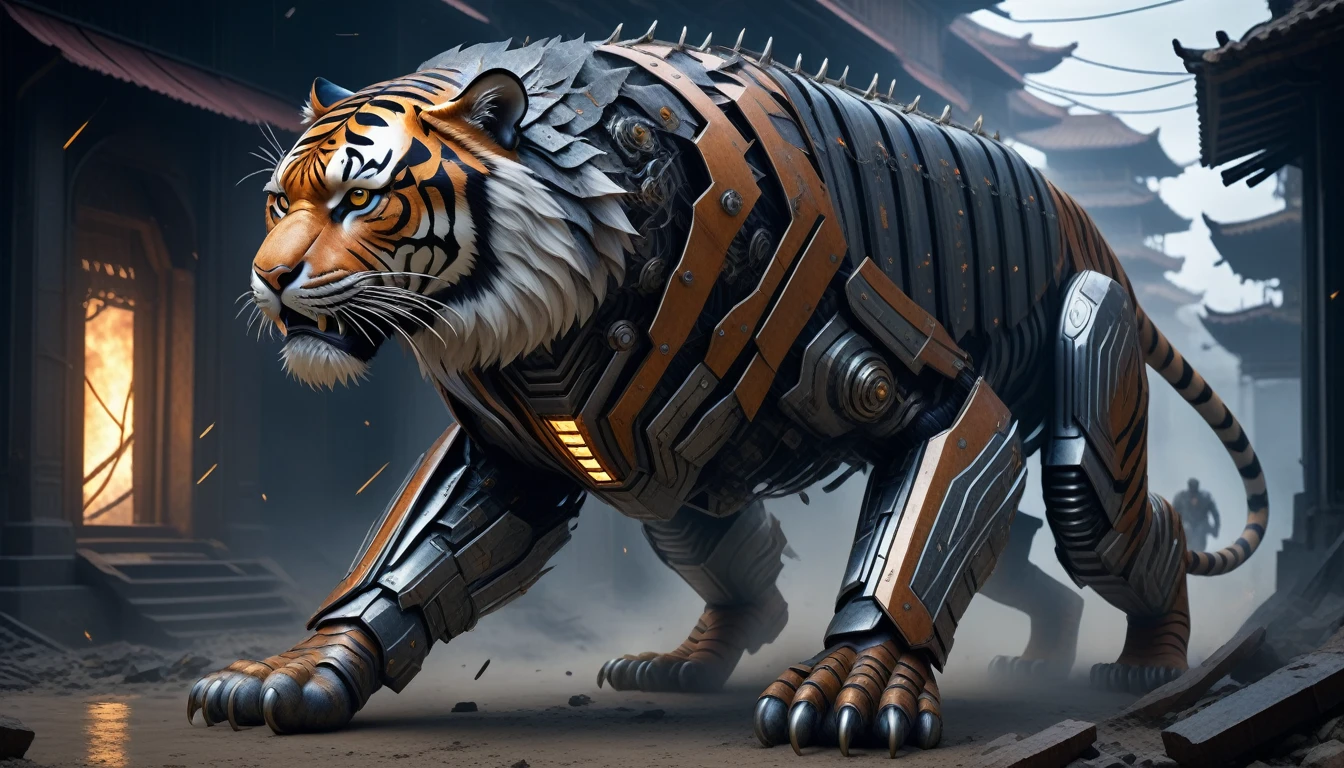 Ultra-realism, ((Masterpiece)), ((Best Quality)), (Very Detailed), ((Very Detailed)), 4K, (8K), very aesthetic, absurdres highres, Create highly textured mechanical tiger artwork. This tiger has a metallic sheen and realistic texture and is constructed with detailed mechanical elements. The colors are metallic gray and silver, with hints of rust, giving it an aged but advanced technological look. The background is simple and focuses on the intricacy and craftsmanship of the tiger design, Design a combat-ready cybernetic tiger equipped with powerful weapons, situated in an outdoor battlefield. The tiger should have missile launchers on its back, laser guns on its front legs, and a shield on its shoulders. It should be slashing at enemies with its sharp claws while advancing and delivering powerful attacks. The background should depict a war-torn battlefield with destroyed buildings, fighting posing, dynamic angle,