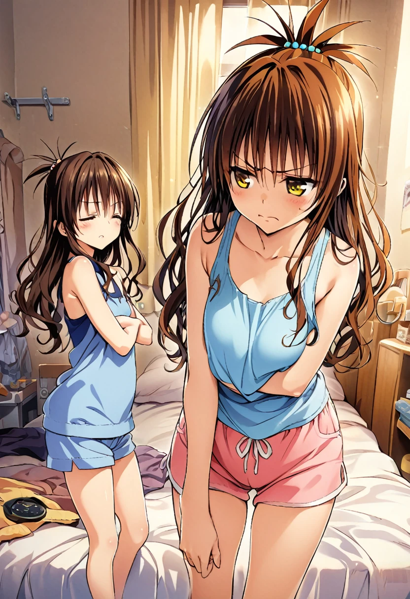 Masterpiece, highres, highest quality, illustration, ultra detailed, best quality, official art, grand prix award illustration, professional lighting, morning sunlight, messy bedroom, yuuki rito (larger, main focus) sleeping in bed, yuuki mikan,brown hair, yellow eyes, hair ornaments, long hair, topknot, wavy hair, (smaller, secondary focus) standing beside bed,wearing blue tanktop and pink shorts, proper size ratio between siblings, arms crossed, frowning face, annoyed expression, alarm clock visible, daily life scene, sibling interaction
