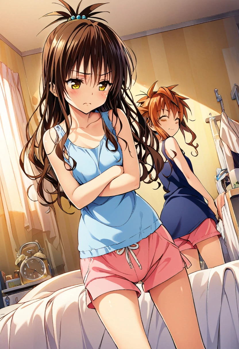 Masterpiece, highres, highest quality, illustration, ultra detailed, best quality, official art, grand prix award illustration, professional lighting, morning sunlight, messy bedroom, yuuki rito (larger, main focus) sleeping in bed, yuuki mikan,brown hair, yellow eyes, hair ornaments, long hair, topknot, wavy hair, (smaller, secondary focus) standing beside bed,wearing blue tanktop and pink shorts, proper size ratio between siblings, arms crossed, frowning face, annoyed expression, alarm clock visible, daily life scene, sibling interaction