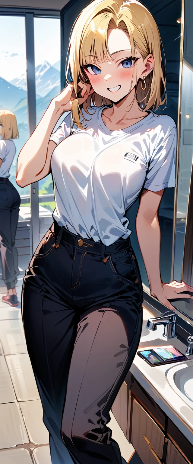 (masterpiece, best quality:1.2),1girl, (solo), Android 18 from Dragon Ball, ((white T-shirt, black long baggy pants, teeth showing)), medium breasts, blunt bangs, short blonde hair, (black eyes), earrings on earlobes, slim, slender feminine figure, skinny body, blush, sky, magnificent view, blur background, 4K, open mouth, smile, wearing glasses, hand on own cheek, mirror, white washroom, organized,