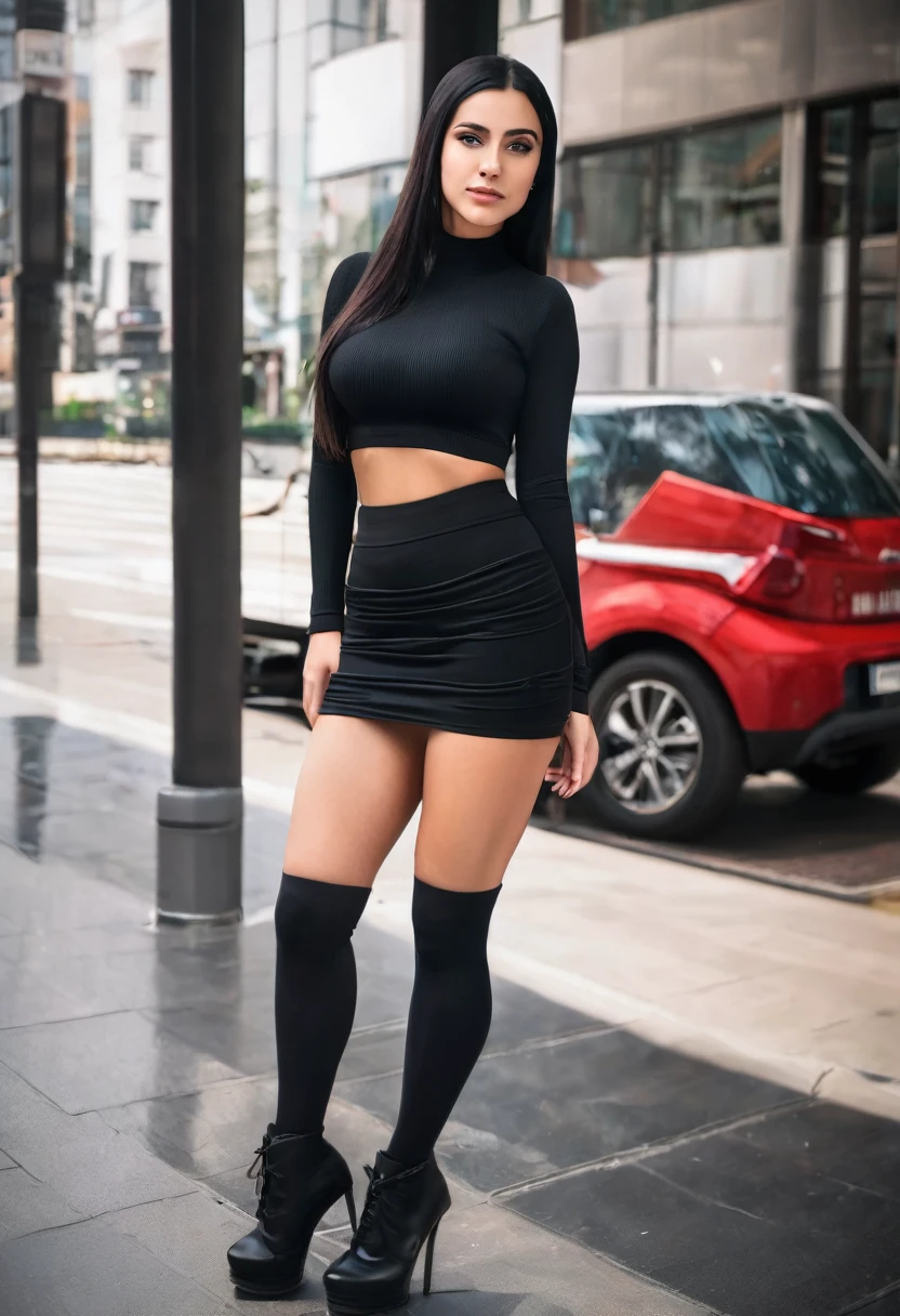 white girl, culona, big legs, small waist, Long tight skirt, black hair, hourglass figure, sexy curves, delgado physique, small stature, short hair with braided bun
