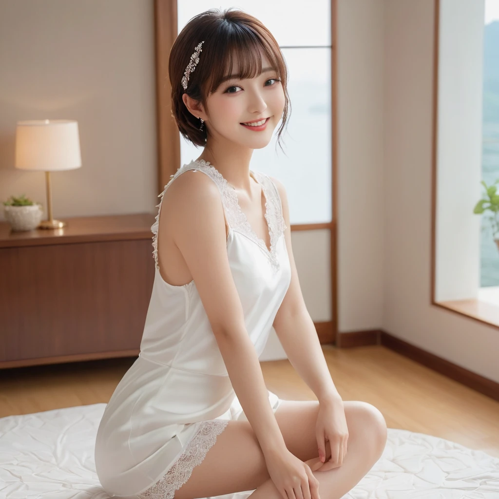 Masterpiece, High Quality, High Resolution, (Super Detail) ), (Wallpaper), ((Face) Detail),masterpiece, One woman per photo, Full Body Shot,Sit with your knees up、Underarm、 A composition looking down on the subject from the front, Young and beautiful woman in Japan, Smiling super cute face, short hair, Wearing a sleeveless white silk satin chemise with white lace,White panties are visible、 Small breasts、skinny、Glossy Lips, Attractive person, Silk Bed、Silk pillow, Silk Bedシーツ, Double eyelids on both eyes, Natural Makeup, Long eyelashes, Shiny and smooth light brown hair, Asymmetrical bangs, Fair skin, Center image, 8K resolution, High detail, Detailed hairstyle, Detailed face, Spectacular movie lighting, Vibrant, Ultra-realistic, Perfect limbs, Perfect Anatomy,Beautiful teeth alignment