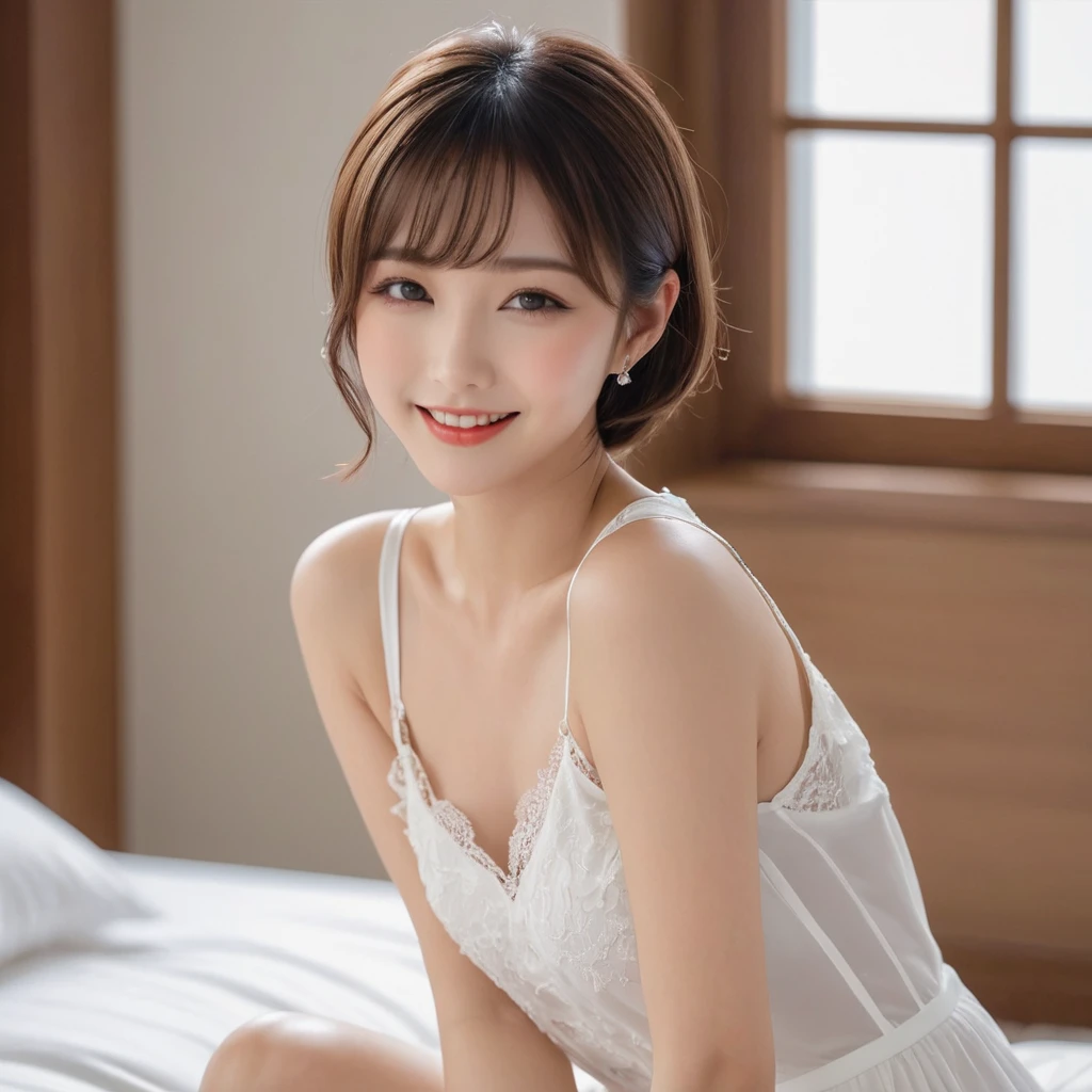 Masterpiece, High Quality, High Resolution, (Super Detail) ), (Wallpaper), ((Face) Detail),masterpiece, One woman per photo, Full Body Shot,Sit with your knees up、Underarm、 A composition looking down on the subject from the front, Young and beautiful woman in Japan, Smiling super cute face, short hair, Wearing a sleeveless white silk satin chemise with white lace,White panties are visible、 Small breasts、skinny、Glossy Lips, Attractive person, Silk Bed、Silk pillow, Silk Bedシーツ, Double eyelids on both eyes, Natural Makeup, Long eyelashes, Shiny and smooth light brown hair, Asymmetrical bangs, Fair skin, Center image, 8K resolution, High detail, Detailed hairstyle, Detailed face, Spectacular movie lighting, Vibrant, Ultra-realistic, Perfect limbs, Perfect ???????,Beautiful teeth alignment