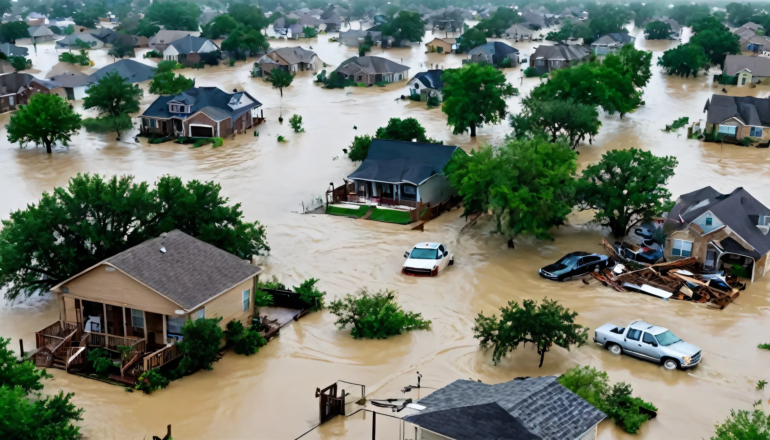 whoa, dramatic image depicts a chaos scenario. Strong winds from a hurricane rip apart houses, causes flooding and destruction in Texas. People trapped in floating cars, Submerged houses and debris in the violent flood.