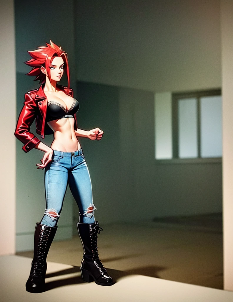 Sexy young girl with a good body, bright red hair, long hair, with bright red eyes, bright Eyes, with black leather jacket with white bra, ripped blue jeans, short brown boots with white, standing, spiky hair, bristly hair, standing, pose standing