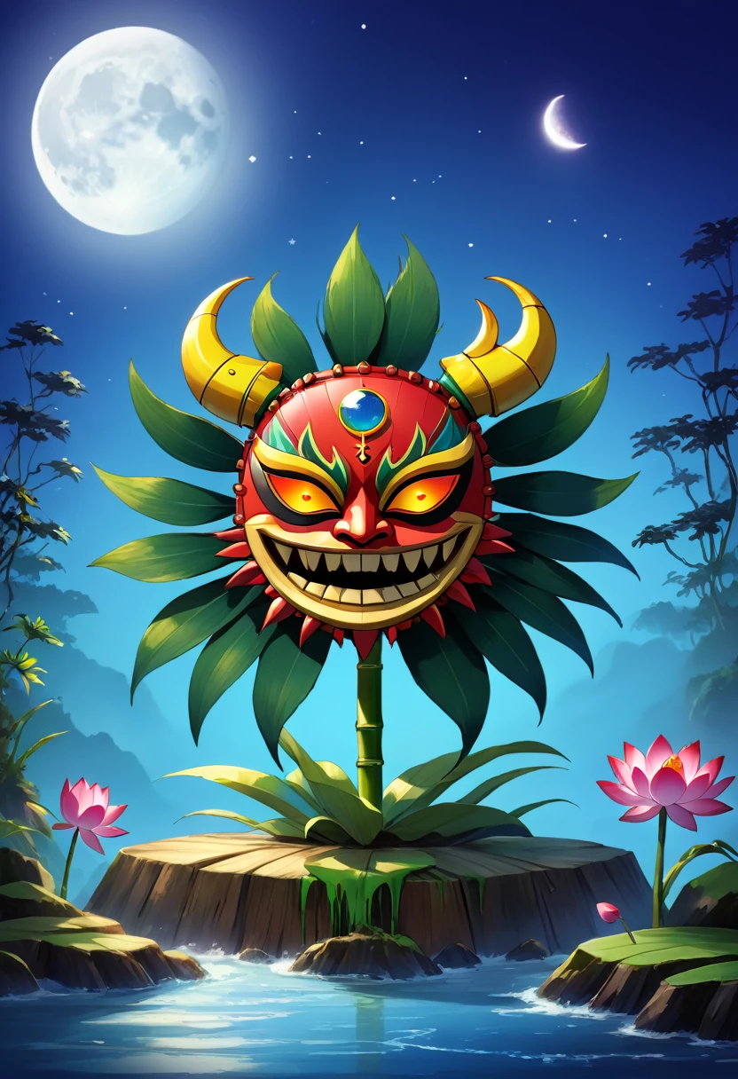Create a drawing based on Aku Aku and uka uka from crash (wooden mask with other natural materials such as bamboo or feathers even flowers) in the shape of a crab, that represent the sign of Cancer, with a moon and accompanied by a lotus flower of vibrant colors. It would be a unique image full of symbolism. Half of the mask is aku aku type and the other half is uka uka but based on a pianist crab with the moon and a lotus flower, animated image