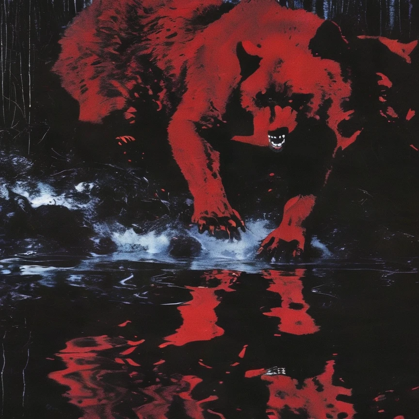 giant horror bear in water, red winter forest background