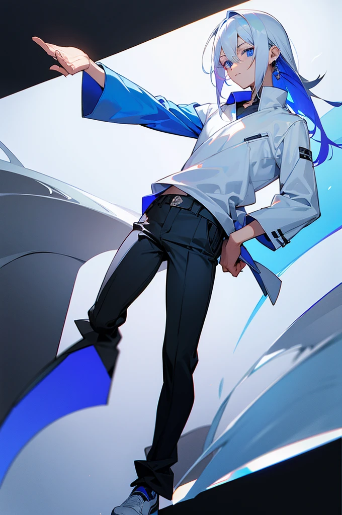 A boy with silver white hair and sapphire blue eyes(full body picture) in casual clothing