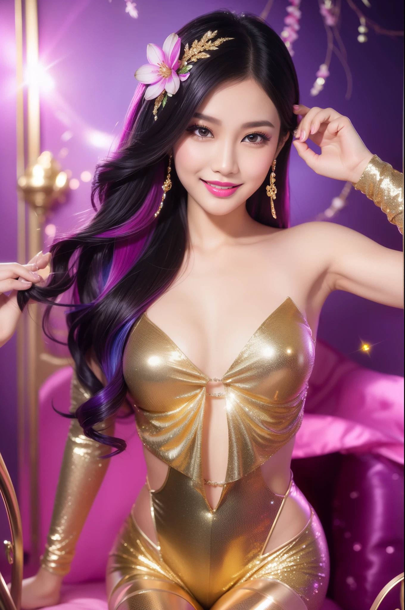 sexy Thai model who controls poison、beautiful smile、lip-gloss、bold lipstick、ultra detailed metallic makeup、look at the camera、full body Esbian、、sparkling poisoned flower costume、、、、sparkling Colorful hair、secrete poison、skull hair accessories、sexy tights、shiny sparkling flowers background