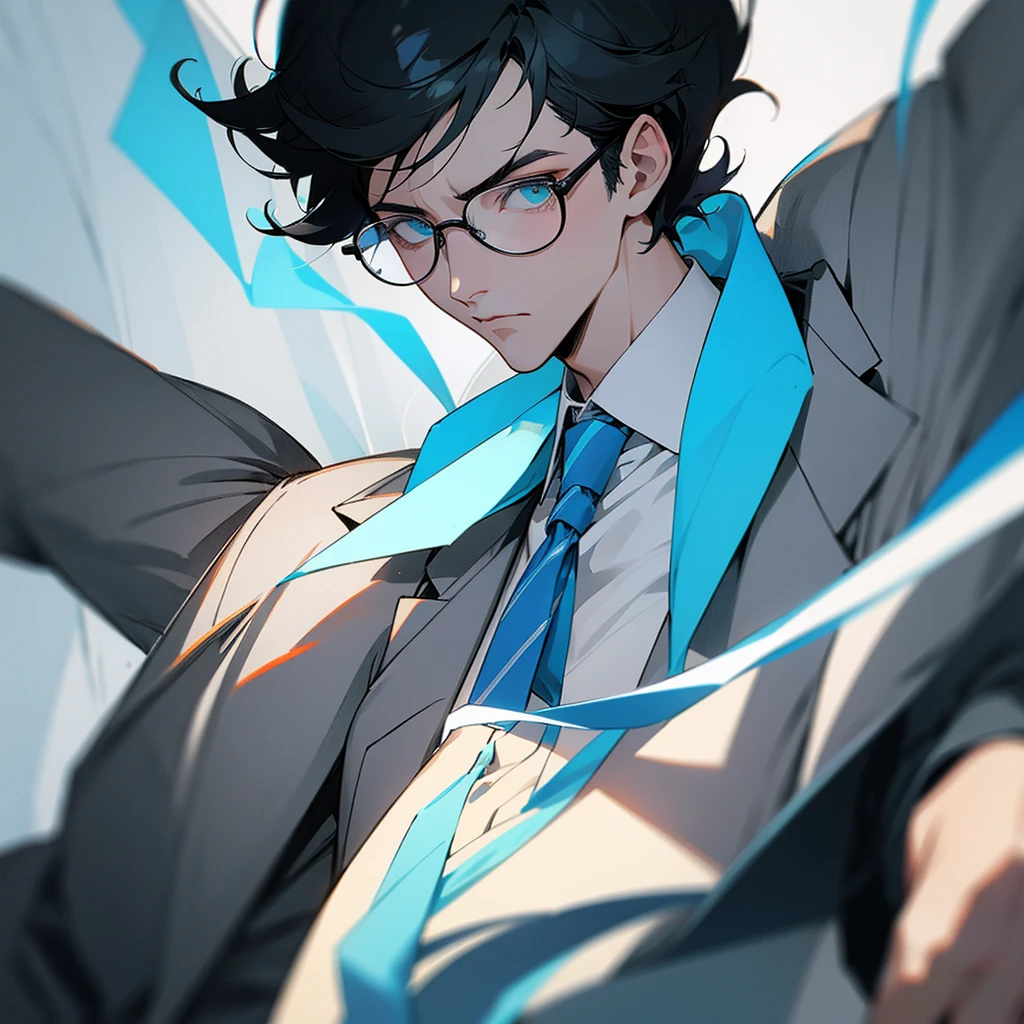 Short black hair, glasses and a grey suit、Draw the whole image of a cool guy with a light blue tie. Don't add any wrinkles around his forehead.、Your hand shape has been strange for a while now. Please draw your hand properly.
