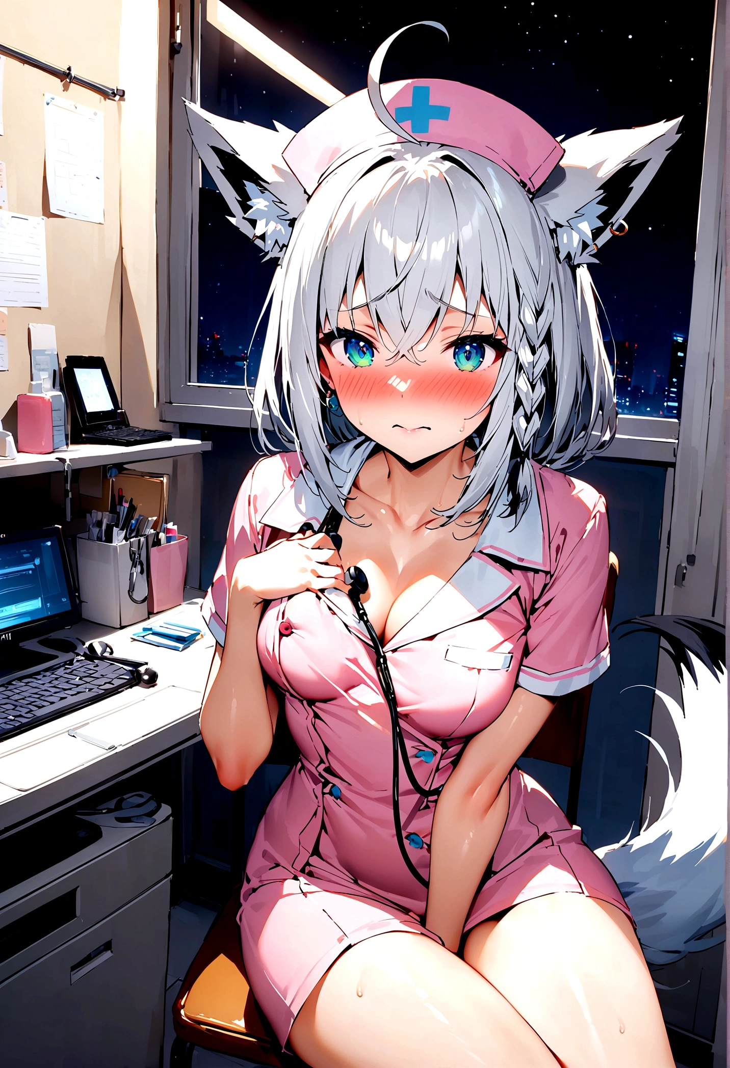 NSFW,masterpiece,Highest quality,High resolution,Super detailed,Shirakami Fubuki\(Hololive\),Gray Hair、One-sided braid、Ahoge、Earrings,Fox ears,Fox tail,Small breasts,nurse,Pink Nurse Uniform,Nurse cap,Stethoscope,Embarrassed,blush,Expecting face,Feeling face,Sexy look,Hospital at night,Examination room,desk,pc,Chair,(Seduce),Cleavage,examine,Chairに座っている,Leg spread,Rub your own breasts,Masturbation