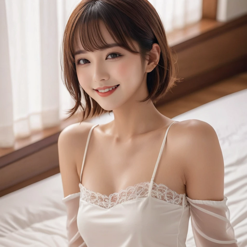 Masterpiece, High Quality, High Resolution, (Super Detail) ), (Wallpaper), ((Face) Detail),masterpiece, One woman per photo, Full Body Shot,Underarm、 Composition looking down at the subject from above, Young and beautiful woman in Indonesia, Smiling super cute face, short hair, She is wearing a sleeveless white silk satin chemise with white lace.,White panties、 Small breasts、skinny、Glossy Lips, Attractive person, She is lying on her back on a silk bed with her legs spread apart, Silk pillow, Silk bed sheets, Double eyelids on both eyes, Natural Makeup, Long eyelashes, Shiny and smooth light brown hair, Asymmetrical bangs, Fair skin, Center image, 8K resolution, High detail, Detailed hairstyle, Detailed face, Spectacular movie lighting, Vibrant, Ultra-realistic, Perfect limbs, Perfect Anatomy,Beautiful teeth alignment
