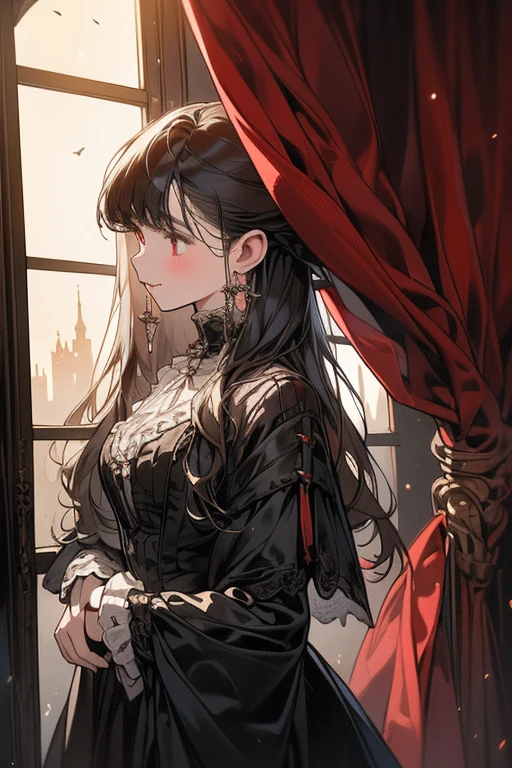 ((Masterpiece:1.2, best quality)), very detailed, Extremely accurate visualization, The picture is described in great detail., Luxurious Victorian mansion Antique English furniture, fantasy, windows, curtains, red and black tones, no people.