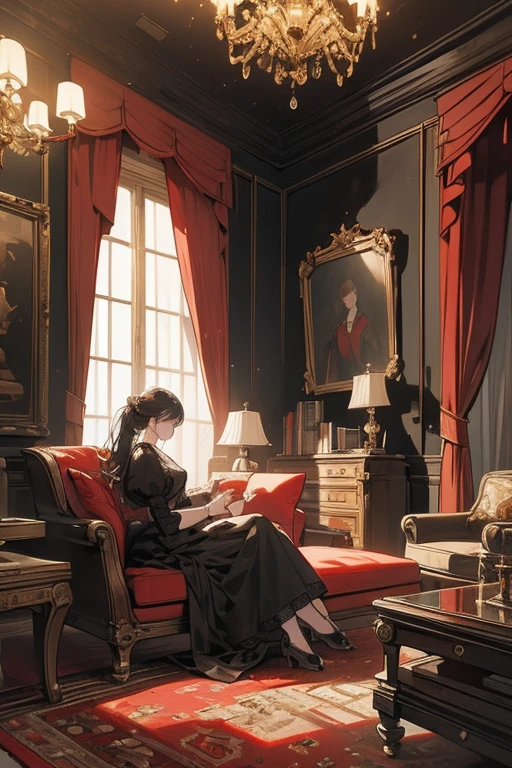 ((Masterpiece:1.2, best quality)), very detailed, Extremely accurate visualization, The picture is described in great detail., Luxurious Victorian mansion Antique English furniture, fantasy, windows, curtains, red and black tones, no people.