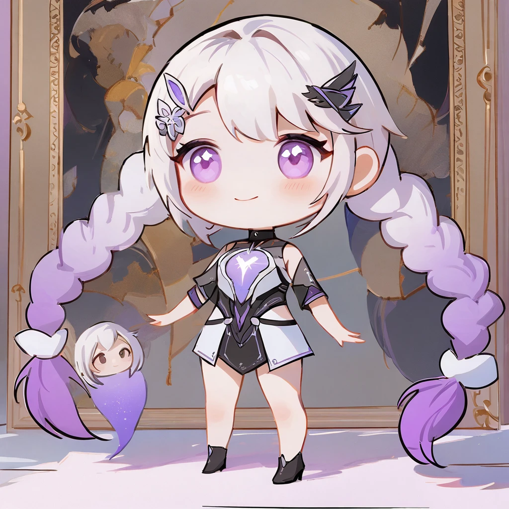 (work of art, best qualityer:1.2), 1 girl, standing alone，Black and White Metallic Hair Accessories，blue-purple gradient hair tips，cabelo roxo，twin braids，whole body，Anatomically correct:2，chibi, On top of the photo I want a sign with the following words NARLA VIANNA