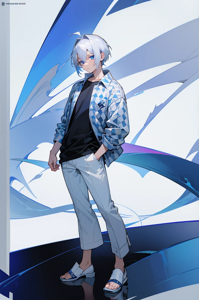 A boy with silver white hair and sapphire blue eyes(full body picture) in casual clothing