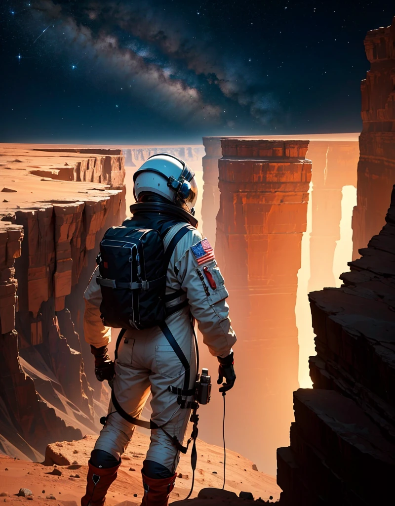 Create a painting of an astronaut standing at the edge of a canyon on Mars, gazing across to the other side, under the serene night sky