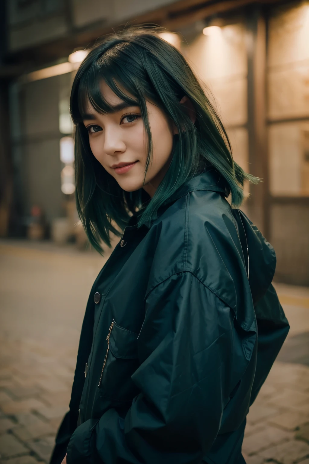 Girl with long wolf cut hairstyle, Dark green hair, Look forward, With a cool smile, Beautiful Face, masterpiece, Highest quality, Boyish clothing, Korean Girls, dancer,dark blue-green eyes, masterpiece, Portraiture.