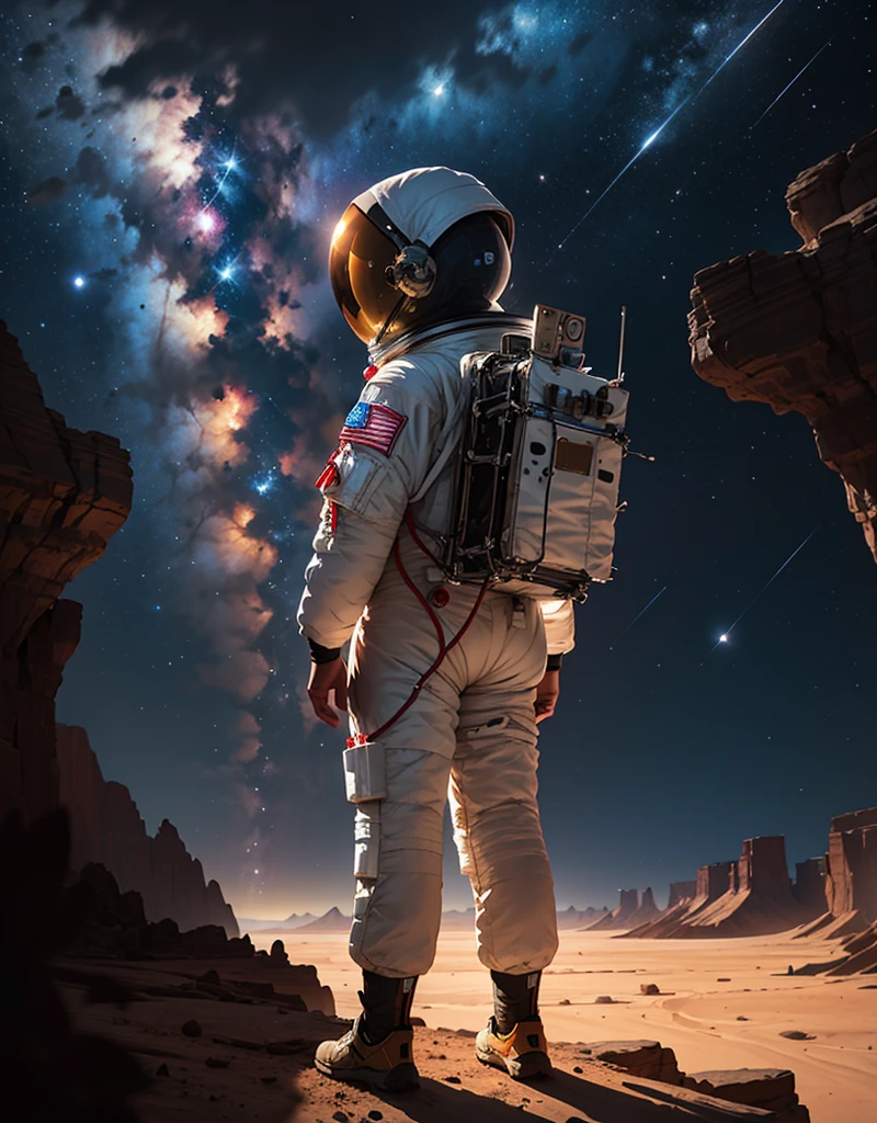Create a painting of an astronaut standing at the edge of a canyon on Mars, gazing across to the other side, under the serene night sky