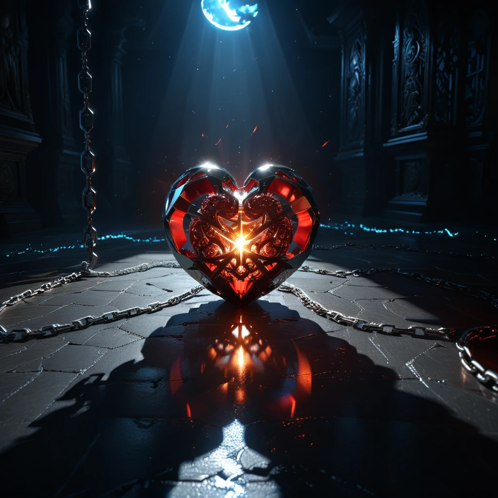 John Bauer style,(Liu Ye&#39;s Style:0.9),
Transparent glass human heart conceptual design (organ),(Glowing glass heart (organ) Entangled in metal chains and lightning bolts:1.3),(Flexible polyhedron line heart (organ) close:1.4),(Rose Quartz:1.3),(Blue flames draw lines:1.6),
(Red crescent moon background:1.6),sharp,sharp image,(Highly detailed and exquisite, Hypermaximalist, elegant, Brilliant, Ultra-realistic, Very detailed:1.1),Very detailed,Incredible resolution,8K,Ray Tracing,masterpiece,Particle Effects,Beautiful Effects,
break
(darkness:1.4),(Extreme shadows:1.4),(Best Shadow:1.4),Dark atmosphere,