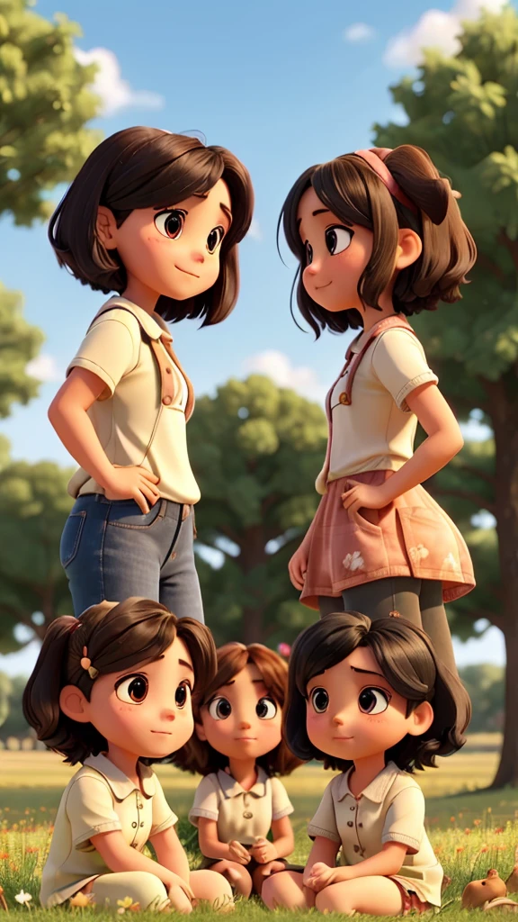 Two girls looking at each other passionately in the field, with trees, four dogs, three small ones and one big one.
One of the girls has short hair , half shaved. The other girl has long black hair.