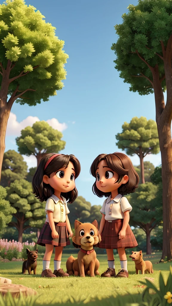 Two girls looking at each other passionately in the field, with trees, four dogs, three small ones and one big one.
One of the girls has short hair , half shaved. The other girl has long black hair.