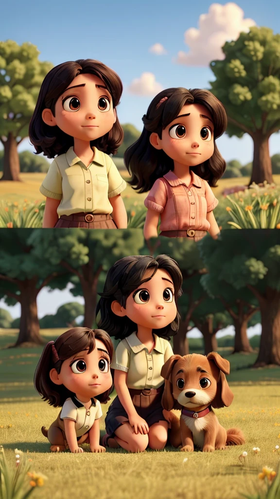 Two girls looking at each other passionately in the field, with trees, four dogs, three small ones and one big one.
One of the girls has short hair , half shaved. The other girl has long black hair.