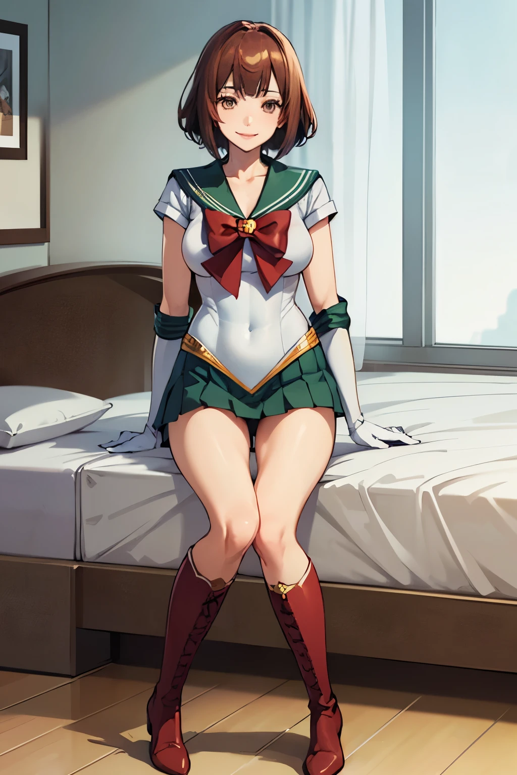 Highest quality, (masterpiece:1.2), Very detailed, 
One girl, alone,
View your viewers, smile, Medium chest, 
Brown eyes, Brown Hair, short hair, naked、((Thigh-high socks))、On the bed、((Sailor Warriors))、((Long gloves))、leotard、mini skirt、boots