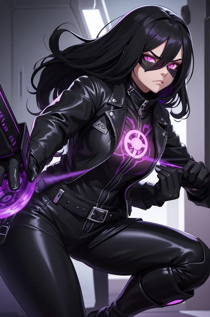 Strong woman villain, Angry face, Black mask over eyes, long black hair, purple glowing eyes, black Rubber shorts, black jacket, Long black rubber gloves, long black rubber boots, silver machine attached to back, purple liquid wires on wrist attached to machine on back.