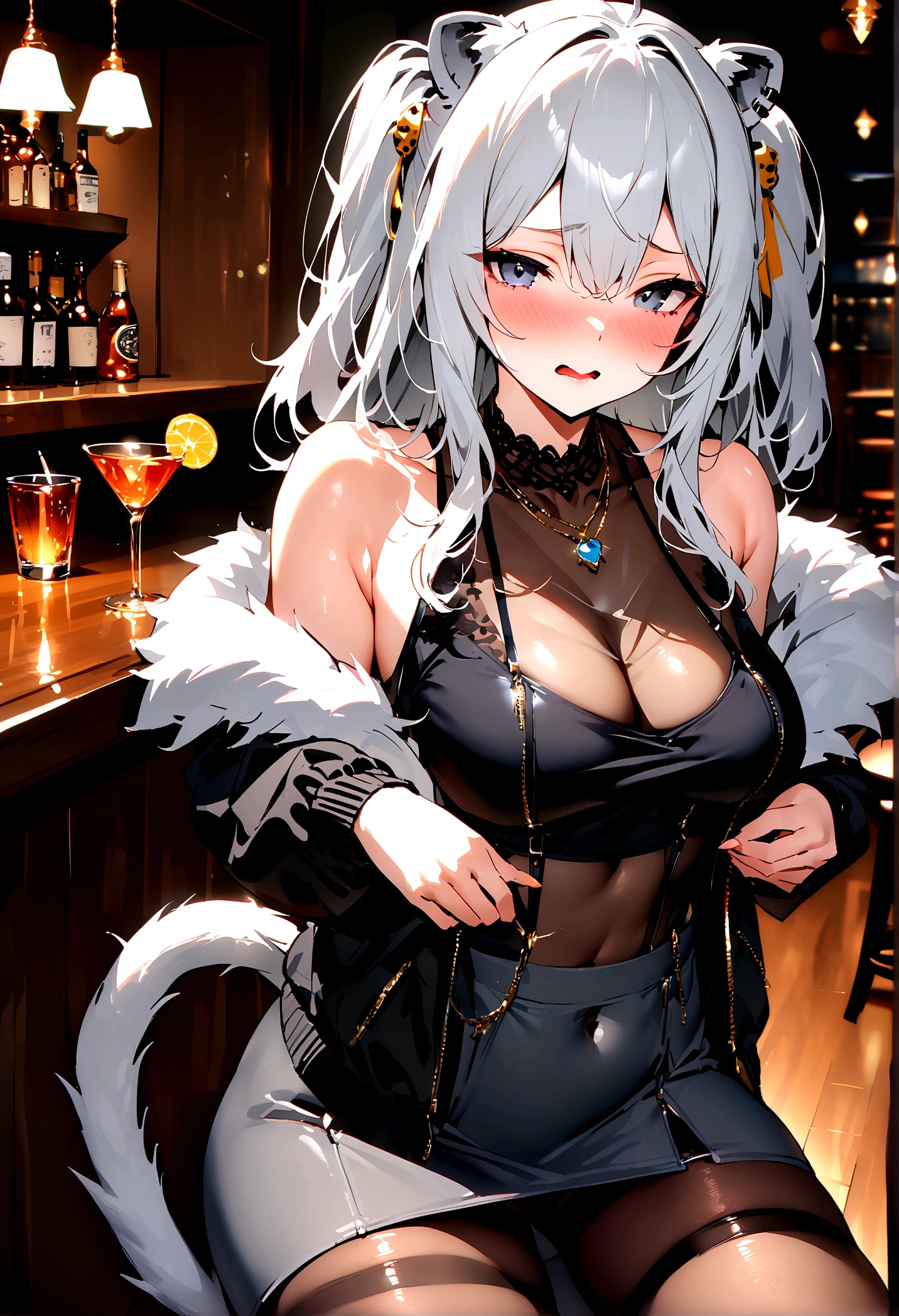 NSFW,masterpiece,Highest quality,High resolution,Super detailed,Shishirabotan\(Hololive\),Long Hair、Two Side Up、Earrings、Lion's Tail,necklace、Black Shirt、Sleeveless shirt、abdomen、See-through、Grey Skirt、片足pantyhose、pantyhose、fur-trimmed jacket、Black jacket、Off the shoulder,Black sexy panties,Embarrassed,blush,Luxurious Room,pub,counter,chair,Cocktail Glass,(Drunk),(Intoxication),Sitting in a chair,heart,Sexy pose,Panty shot,Nampa