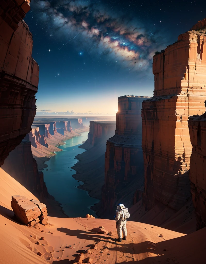 Create a painting of an astronaut standing at the edge of a canyon on Mars, gazing across to the other side, under the serene night sky