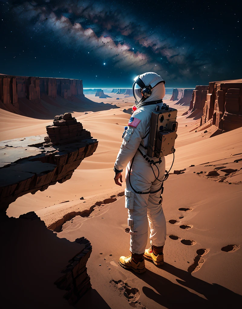 Create a painting of an astronaut standing at the edge of a canyon on Mars, gazing across to the other side, under the serene night sky