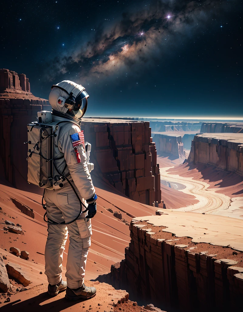 Create a painting of an astronaut standing at the edge of a canyon on Mars, gazing across to the other side, under the serene night sky