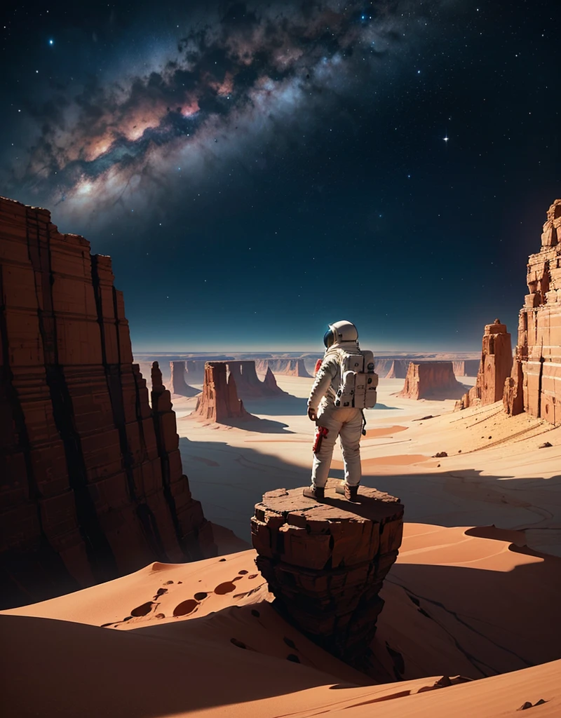 Create a painting of an astronaut standing at the edge of a canyon on Mars, gazing across to the other side, under the serene night sky