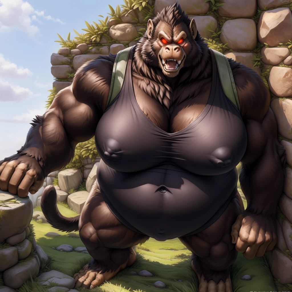 solo, breath (ultra detailed), a beautiful and detailed full size portrait of a female anthro gorilla, oozaru, brown fur, fur body, monkey tail, red eyes, close up view, glowing eyes, empty eyes, tail, bedroom eyes, detailed eyes, big body, sexy body, (wide body). goddess, kenket, Ross Tran,ruan jia, trending on artstation,foxovh, cenematic lighting, front view, big breaths, huge boobs, big big , big , day, tree, (((stone wall, grass, standing))), curvy figure, fat, obese, (((black armor, nipple outline)), angry, open mouth, blush,