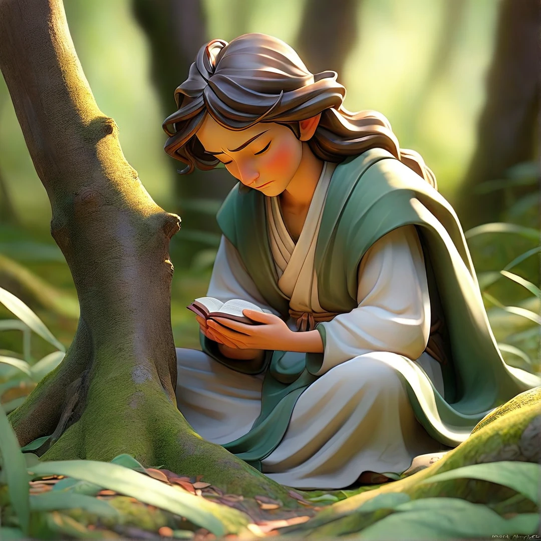 Sob a serene glass, on a peaceful day, a man in the forest , in voracious prayer. Bible in hands, words of light, Seek the comfort that faith always translates. The shadow of the tree, shelter and refreshment, A sacred encounter, an ethereal moment. With eyes closed and heart open, Pray fervently, search for the right path. Every leaf that falls, a divine whisper, Guiding your words, showing the destination. On sacred ground, your soul surrenders, To God omnipresent, his life he extends. under the tree, symbol of life and shelter, A man and his faith, in an old dialogue. kneeling in prayer, her strength she renews.