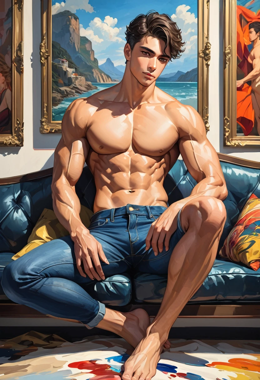 in hentai+ yaoi+anime style anime style high-chorma colors palette , simetryc composition, ultradetailed art style, oil painting, fullbody, perfect compositicion, perfect anatomy, dramatic, natural lighting, a young gorgeous, handsome, tall, perfect feet, latino , detailed realistic muscles, simetryc body, He is shirtless, barefoot wearing blue jeans, sexy gaze, smirk he is sitting on a modern sofa, spread legs staritning to the viewer smiling in the background, large dalle painting
