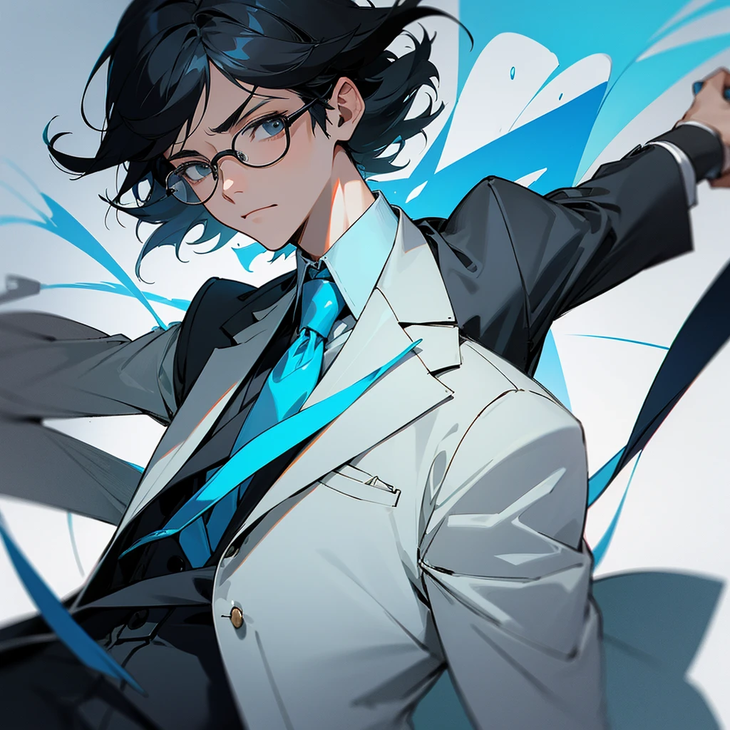 Short black hair, glasses and a grey suit、Draw the whole image of a cool guy with a light blue tie. Don&#39;t add any wrinkles around his forehead.、The shape of your hands has been strange for a while now. Please draw them properly. They are a little too young and thin, so make them more muscular and add some maturity to the face.