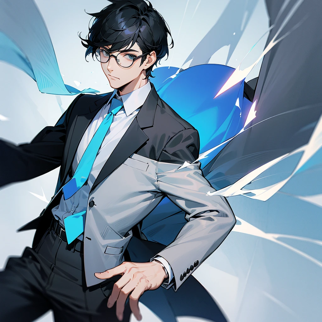 Short black hair, glasses and a grey suit、Draw the whole image of a cool guy with a light blue tie. Don&#39;t add any wrinkles around his forehead.、The shape of your hands has been strange for a while now. Please draw them properly. They are a little too young and thin, so make them more muscular and add some maturity to the face.